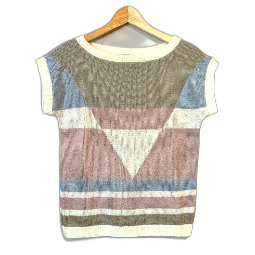 Vintage Cuddle Knit Geometric Sweater Small 70s Pink Blue Granny Cottagecore